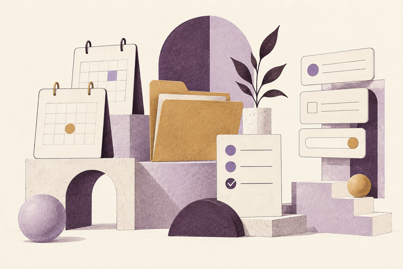 Editorial illustration of calendars, files and forms