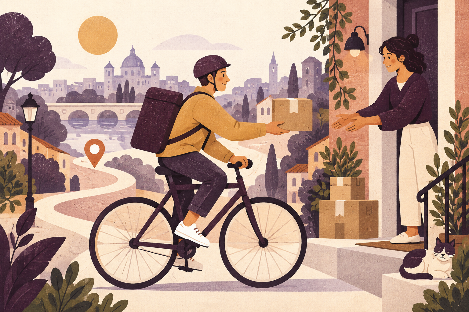 Illustration of a bicycle courier delivering a parcel