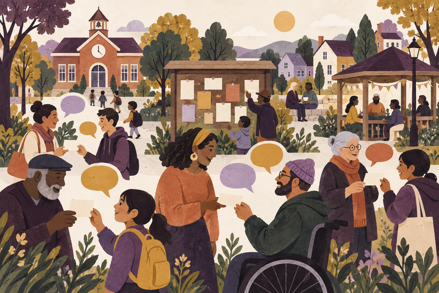 Illustration of neighbors sharing stories around a community noticeboard