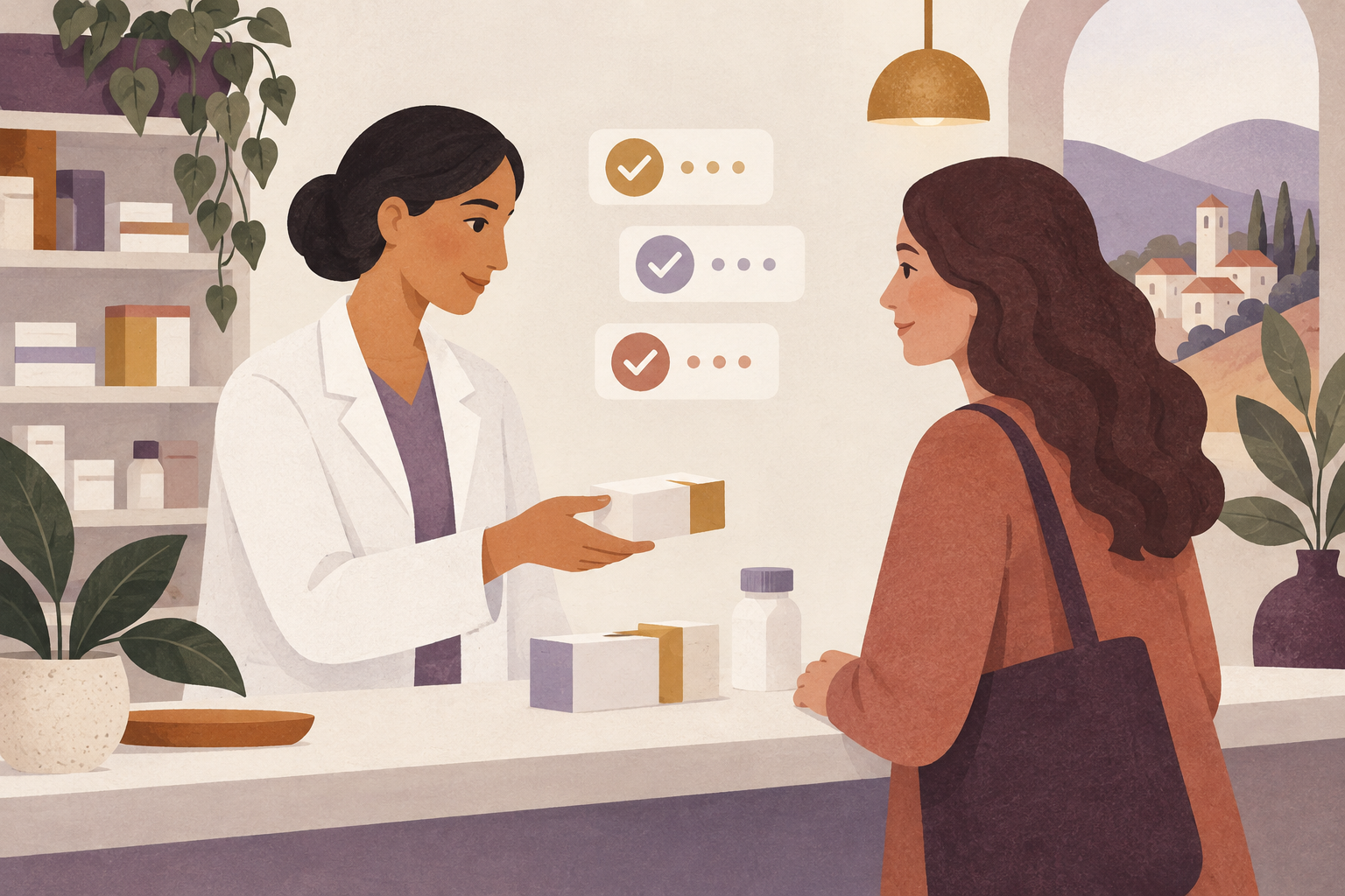 Illustration of a pharmacist responding to a medication request