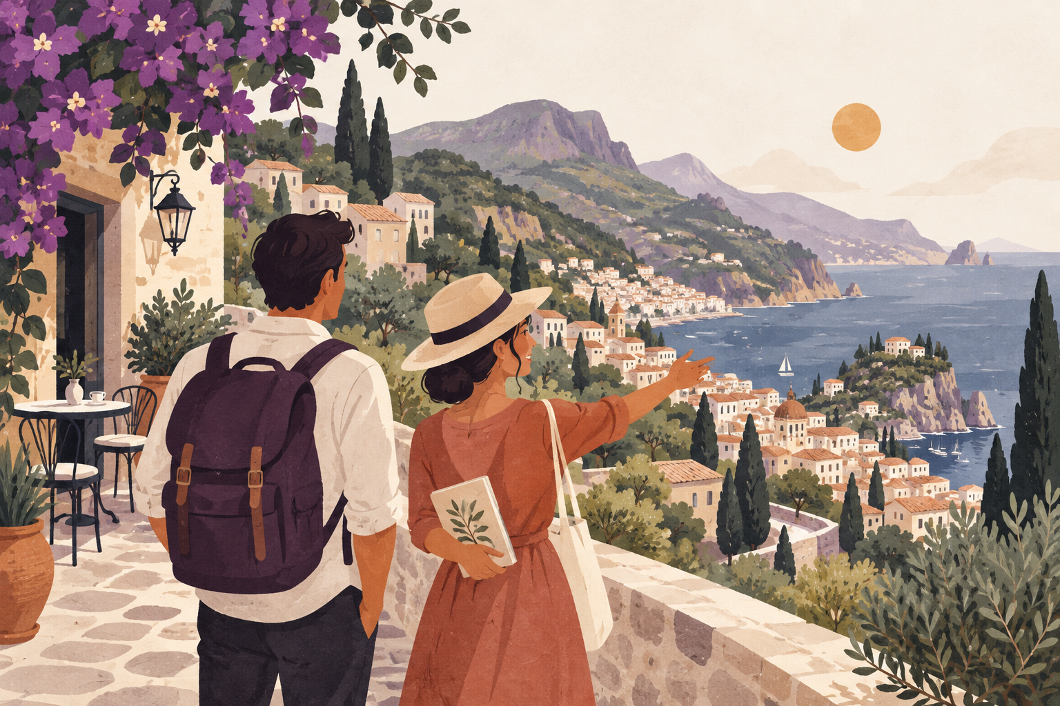 Illustration of travelers discovering a coastal town with a local guide