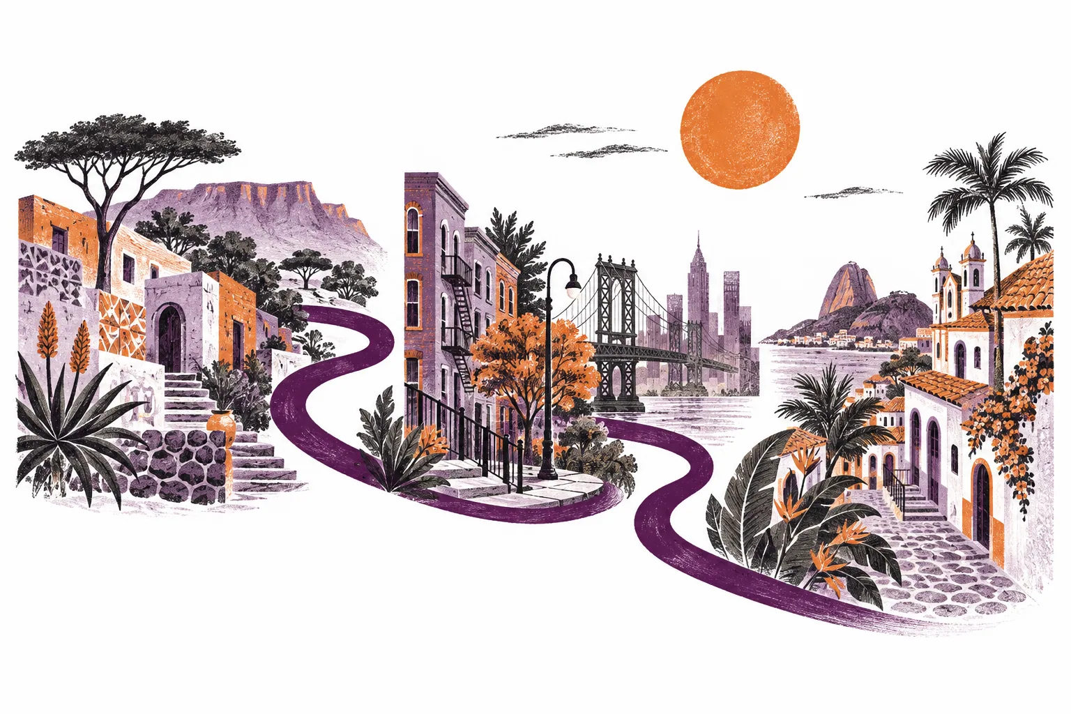 Illustration éditoriale de paysages urbains reliés à travers plusieurs pays