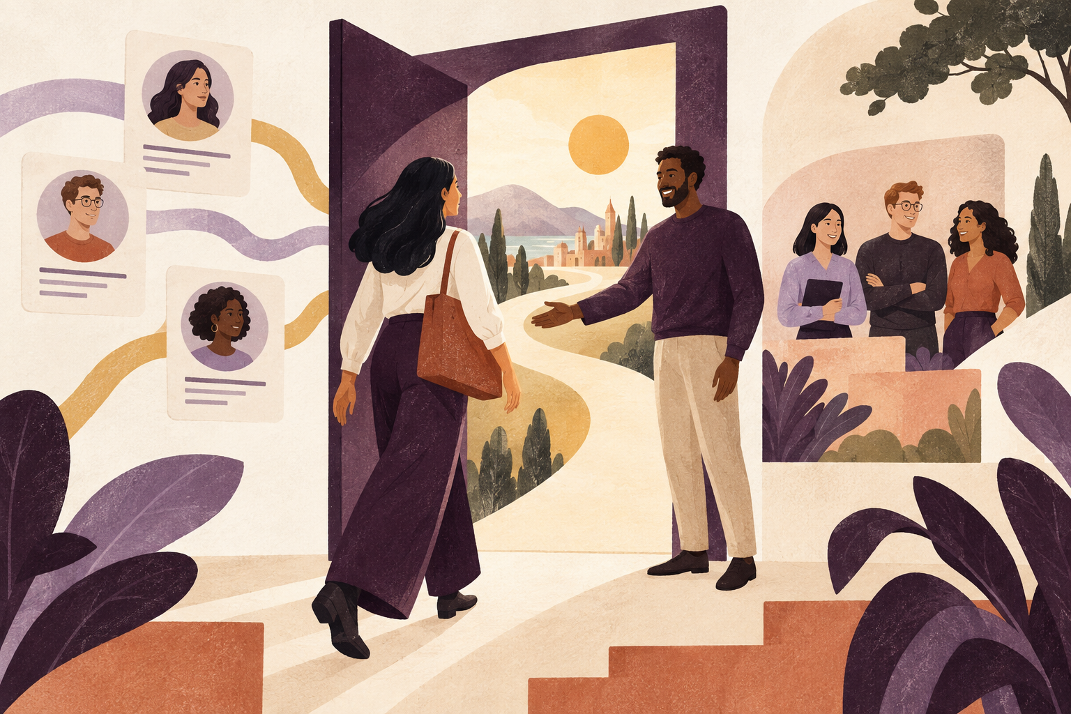 Illustration of people connecting with a new team and job opportunity